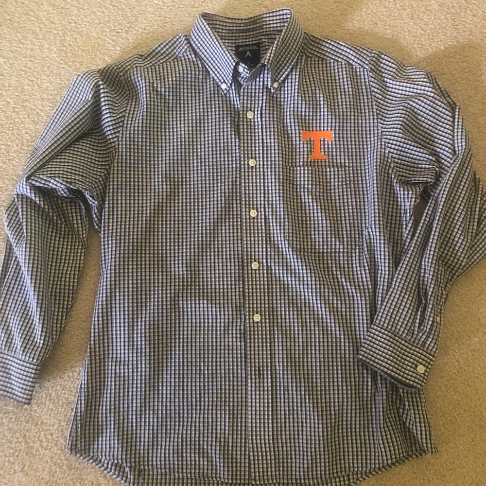 Antigua Men's Blue Check Button-Down Shirt with Orange T Logo Tennessee